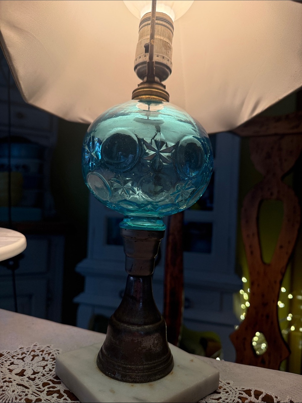 vintage "Moon and Stars" pattern glass oil lamp blue glass